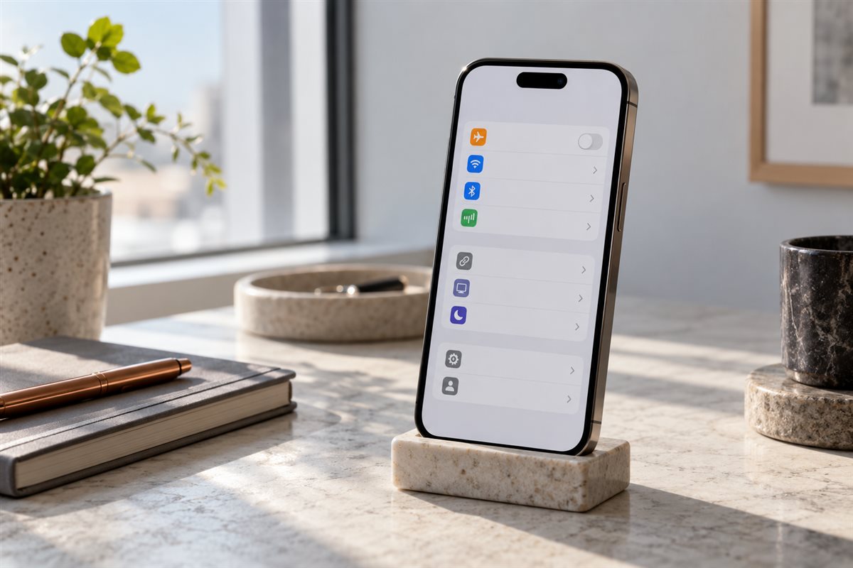 立于工作台上的iPhone网络设置阅读场景
